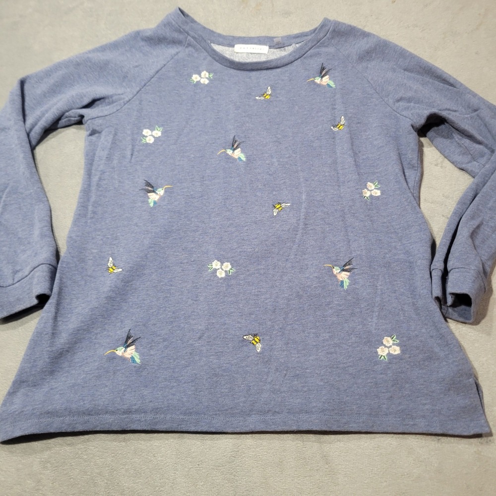 Retrology Sweatshirt Womens Large Blue Hummingbird Bee Embroidered Raglan Casual